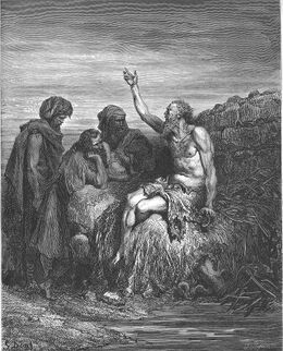Engraving of Job sitting among ruins and speaking to three seated companions.