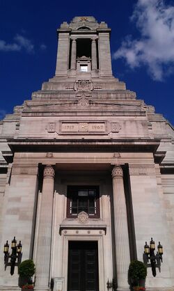 The entrance tower of Freemasons' Hall, London, faced in pale stone.